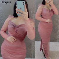 eeqasn dusty pink tulle mermaid evening dresses arabric pleats long sleeves women formal party dress 2022 side slit prom gowns