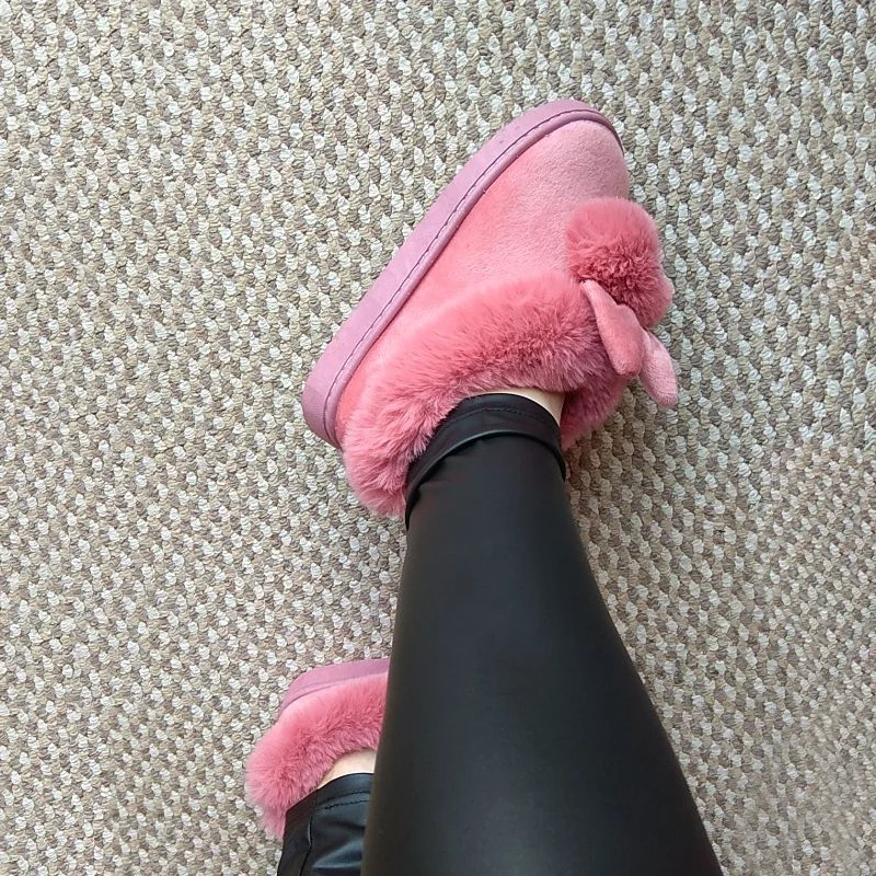 House Slippers for Women Winter Warm Plus Rabbit TPR Down Soft Indoor Slippers for Girls Solid Sewing Short Plush Casual Shoes