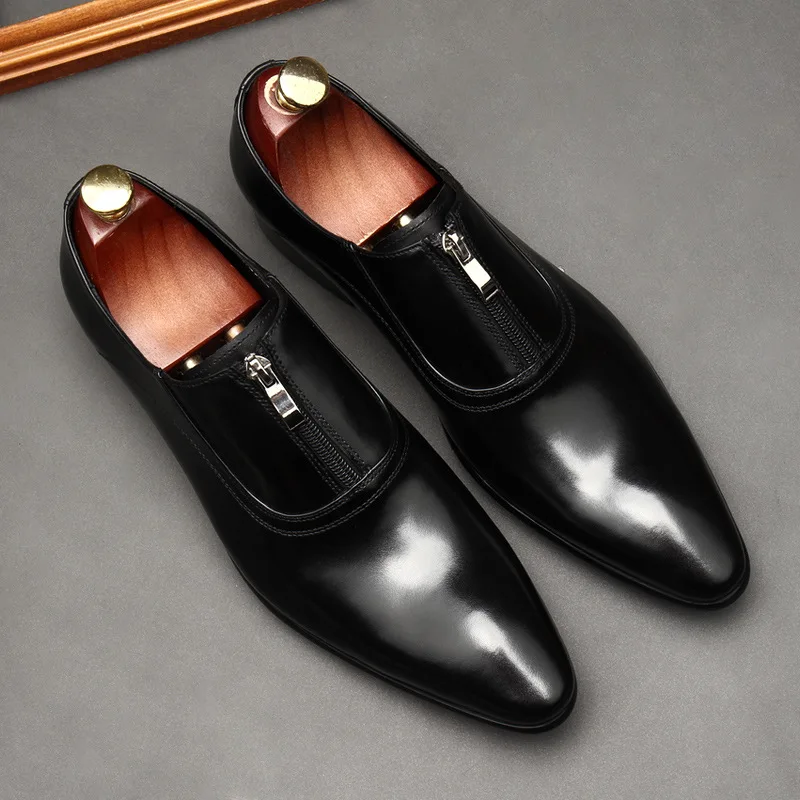 

Italian Men Loafers Shoes Black Brown Zipper Wingtip Men Dress Formal Shoes Office Wedding Real Leather Casual Shoes For Men