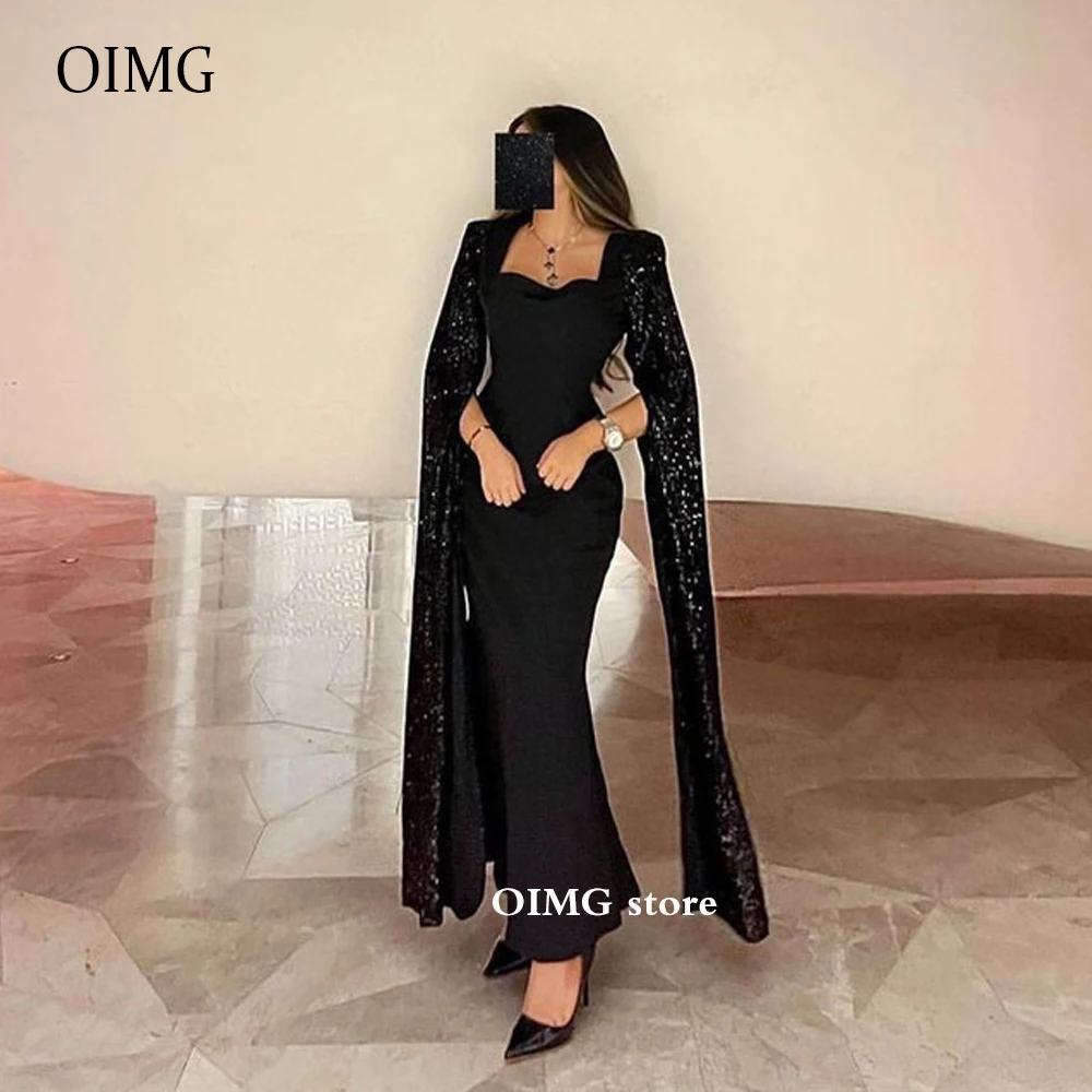 

OIMG Sparkly Black Mermaid Evening Dresses Glitter Long Cape Sleeves Saudi Arabic Women Ankle Length Formal Party Prom Gowns
