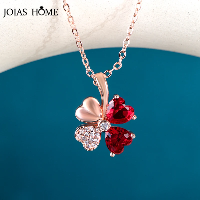 

JoiasHome Luxury 925 Silver Necklace Pendant Korean Rose Gold Necklace with Lucky Clover Garnet Pendant Valentine's Day Gift