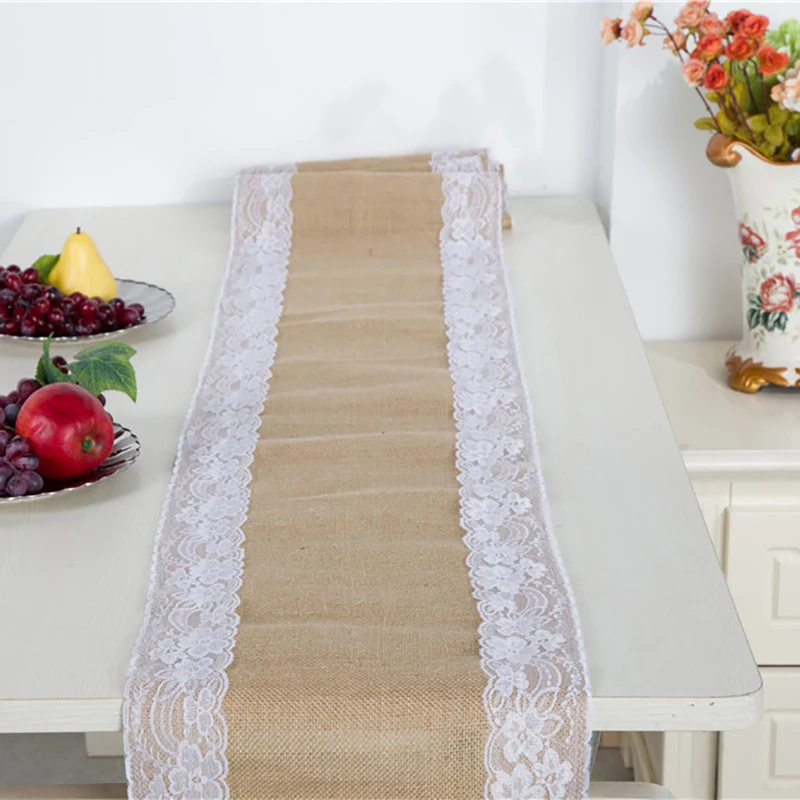 

Rustic Burlap Lace Table Runner Natural Imitated Linen Tea Table Cover Table Runners for Wedding Christmas Birthday Party Decor
