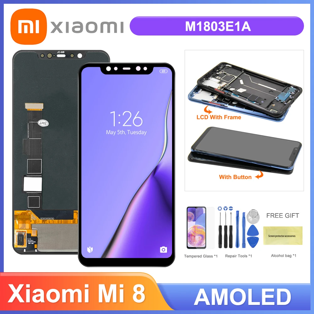 

ЖК-дисплей 6,21 дюйма Super AMOLED Mi8 с рамкой для Xiaomi Mi 8 M1803E1A, сменный сенсорный экран с дигитайзером