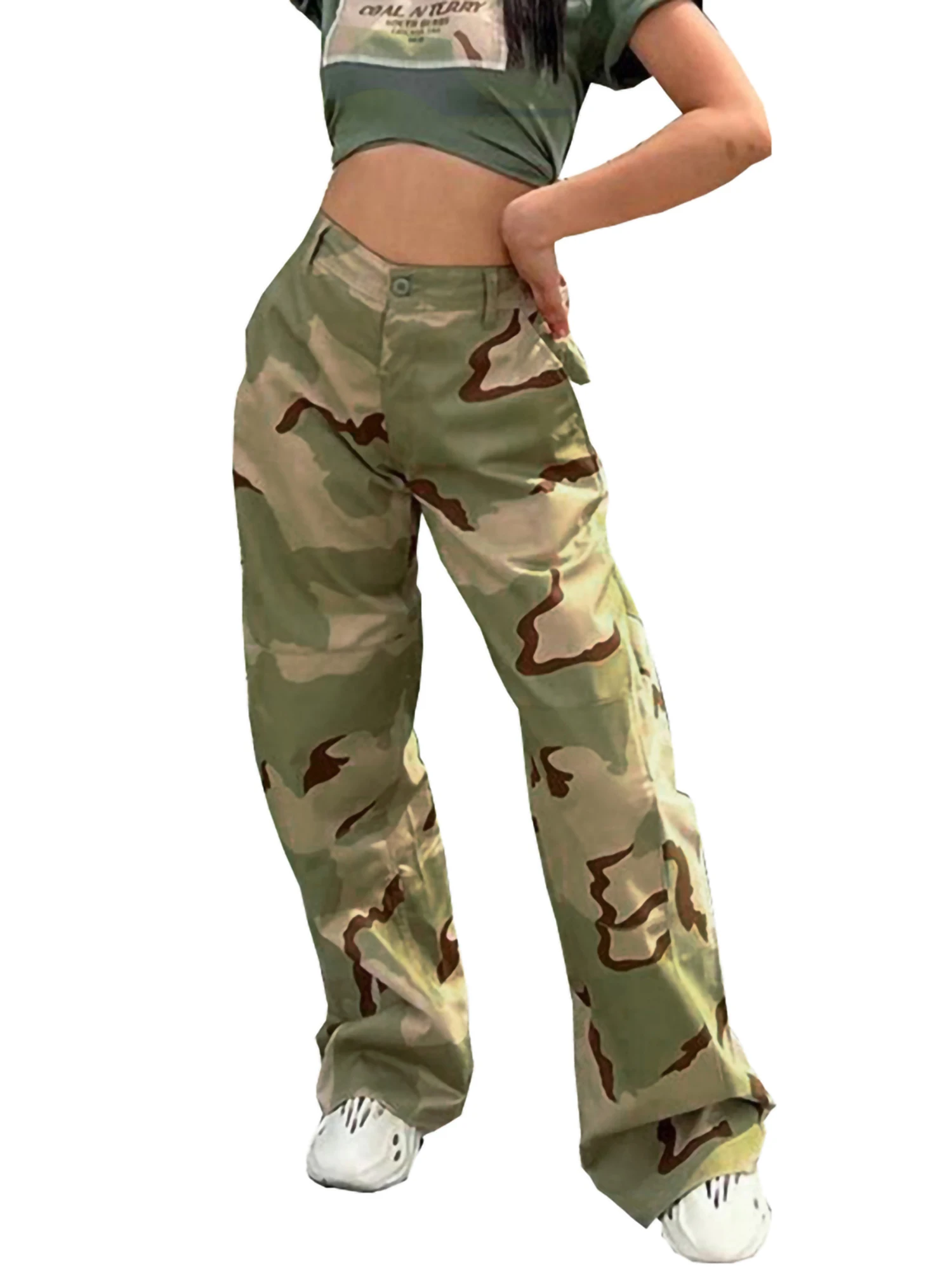 

Women s Camo Cargo Pants Casual High Waist Trousers Straight Leg Button Zip Closure Contrast Ribbon Pocket Trousers