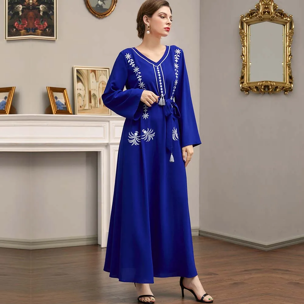 

Maxi Dress Blue Fashion Exquisite Gold Embroidery Lace-up Dress Arab Middle East Satin Kaftan Jellaba Moroccan Muslim Islam