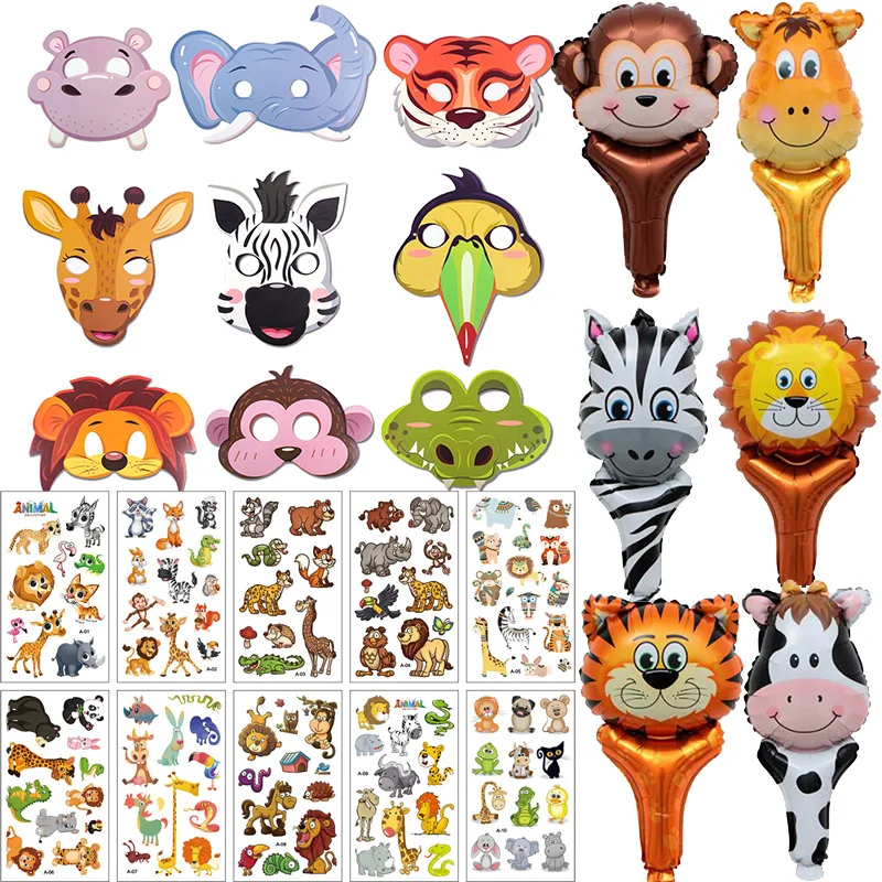 

Jungle Party Gift Cartoon Animal Tattoo Sticker Animal Mask Handheld Tiger Lion Foil Balloon Kid Favors Toy Birthday Party Decor