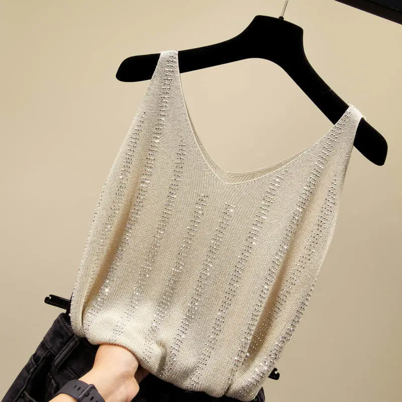 korean Bling Lurex diamond Summer knit Tank Top for Women ice silk Sleeveless Knit vest White Black Women's loose Camisole tops |