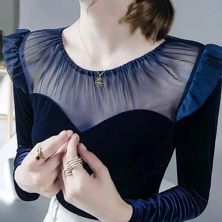 Чувствительность дизайна новый осенне-зимний бархатный топ с длинными рукавами