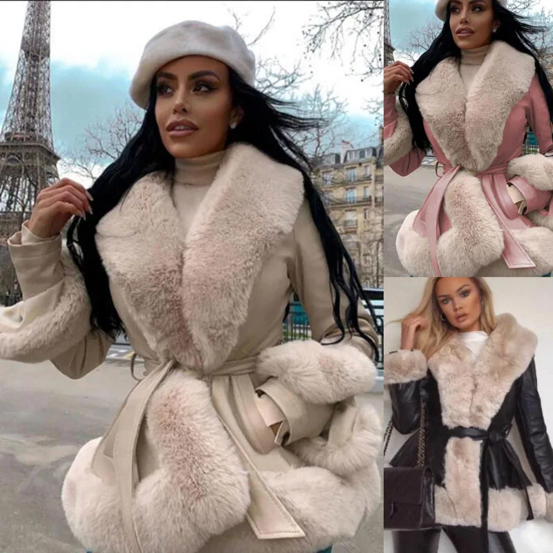 Women's Leather Top Mink-like Fur One-Piece Waist-Tight Temperament Warm Coat for Women Winter Coat Women