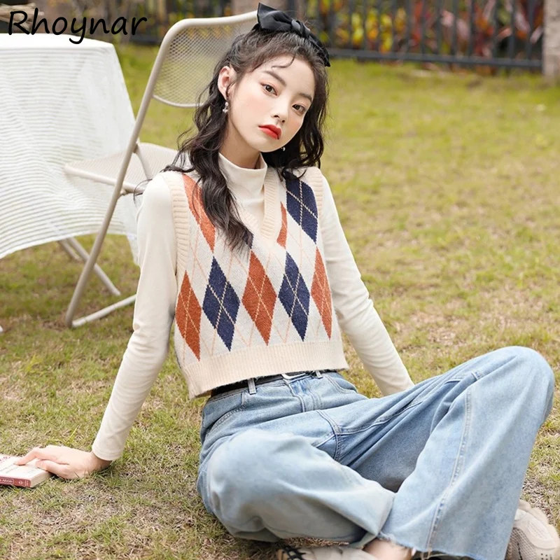 

Sweater Vest Women New Design Autumn V-neck Fashion Out Wear Mujer Knitted Simple Argyle Casual Popular Korean Style Daily Chic