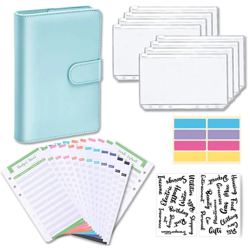 

NEW-A6 Notebook Budget Binder with PU Leather Cover, 8 Plastic Binder Pockets and 24 Expense Budget Sheets