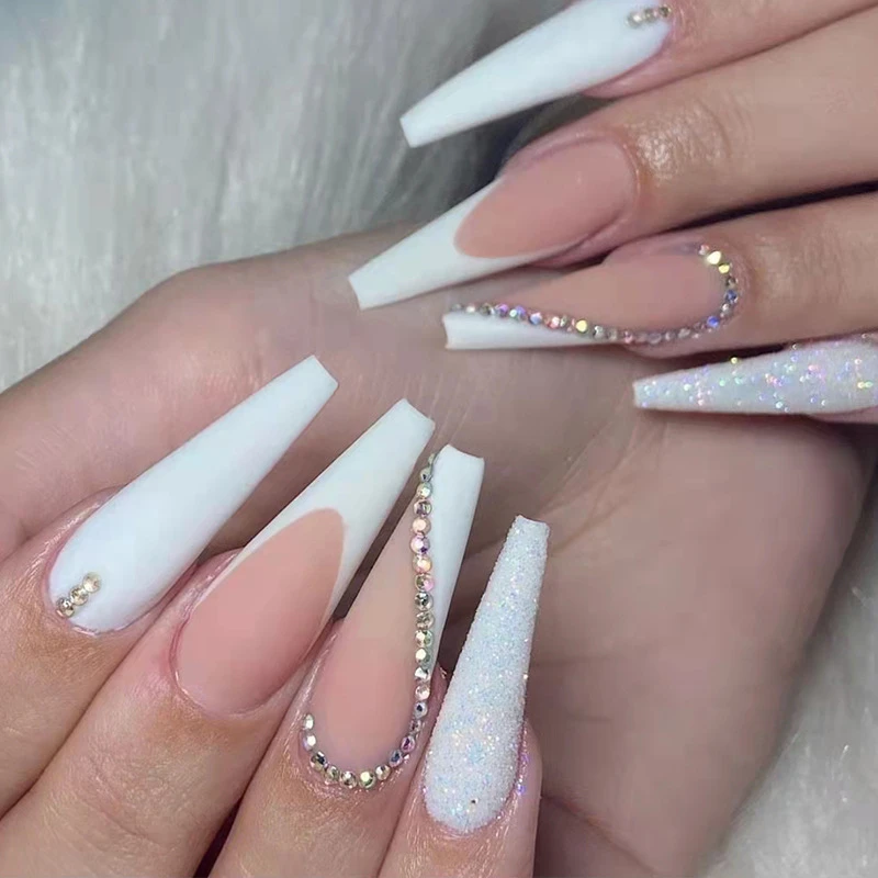 

24Pcs/Box White French Fake Nails Press on Long XL Length Rhinestone Design False Nails Full Cover Acrylic Nail Tips