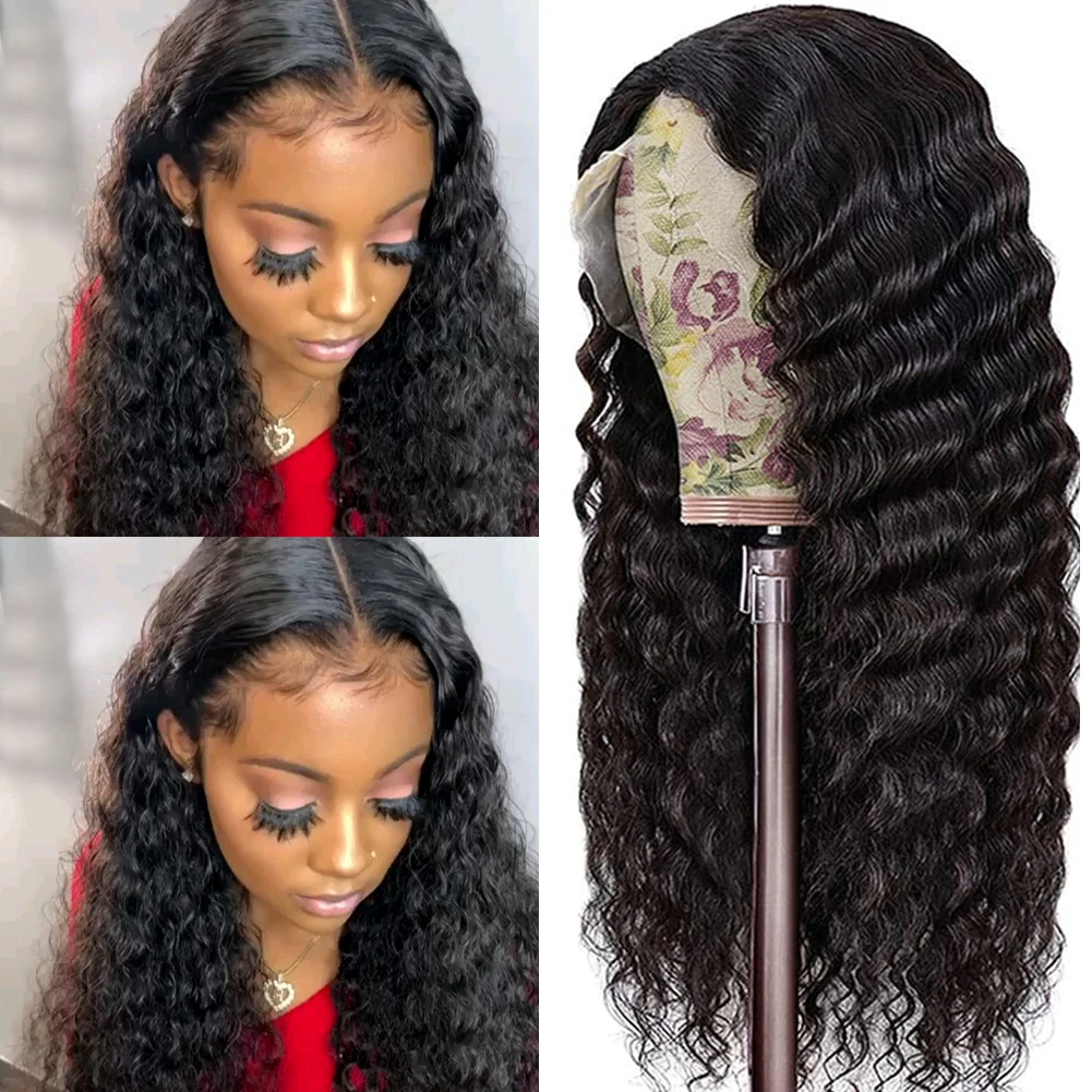 EMOL 13X4 Lace Frontal Wig Deep Wave 13X1 Lace Front Human Hair Wigs For Black Women Pre Plucked Natural Black 4x4 Lace Wgs