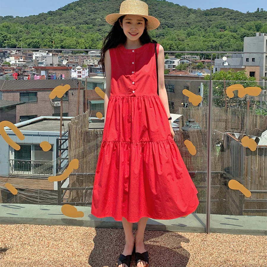 

Южная Корея, Dongdaemun, ins, французское простое однобортное свободное многослойное платье-жилет без рукавов с круглым вырезом, длинная юбка