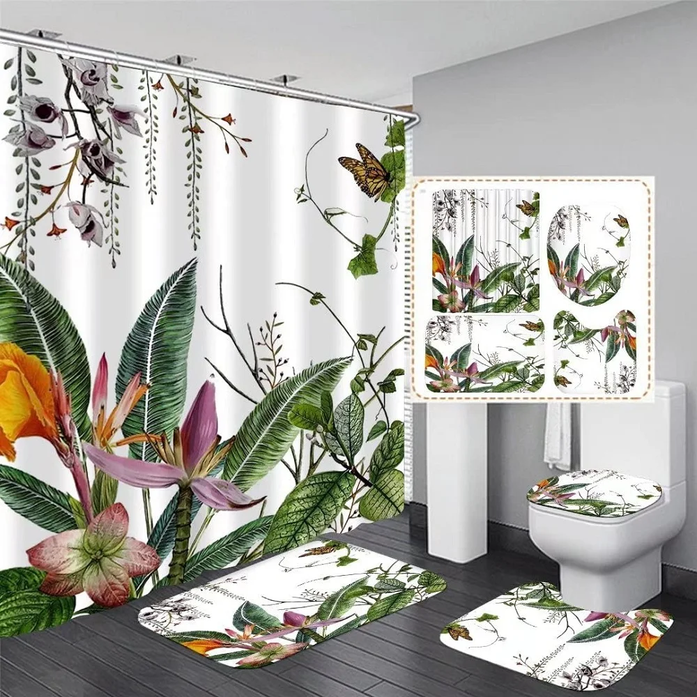 

Tropical Leaves Shower Curtain Set with Rugs Toilet Lid Cover Carpet and Bath Mat Green Palm Plant Floral Bath Curtain with Hook