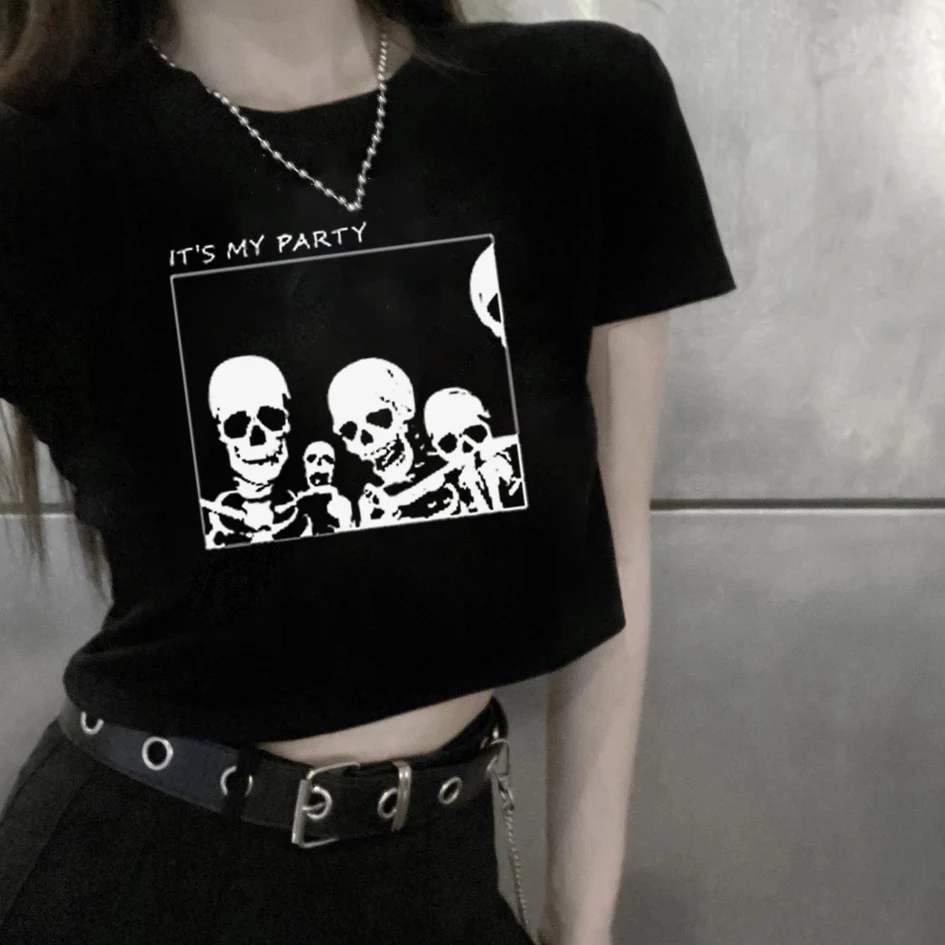 

Женская футболка с принтом скелета, винтажный топ с графическим рисунком и круглым вырезом, облегающий Готический кроп-топ в стиле хип-хоп, ...