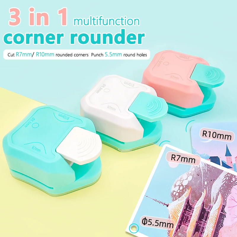 

3-in-1 Corner Rounder Mini Corner Trimmer Punch R7/R10mm Round Corner 5.5mm Holes DIY Paper Card Photo Planner Cutting Supplies