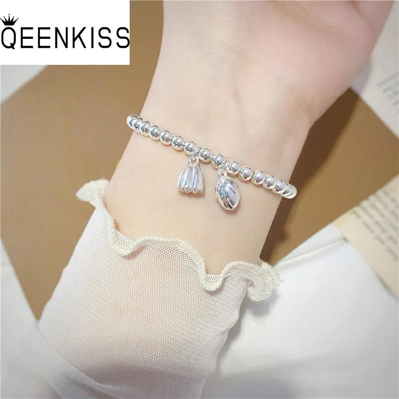 

QUEENKISS BT6176 Fine Jewelry Wholesale Fashion WomanGirl BestieMother Birthday Wedding Gift Lotus Beads Plain Silver Bracelet