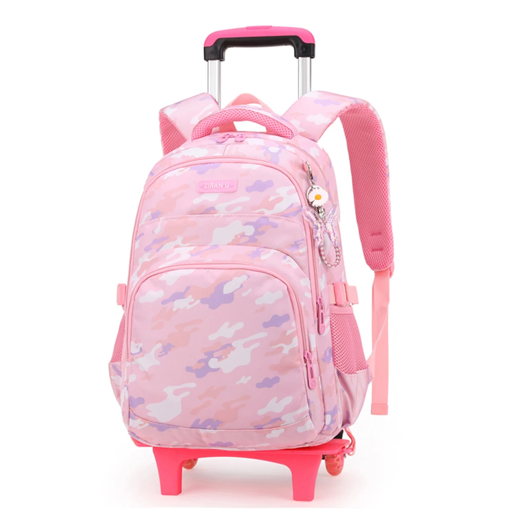 

Girls Rolling Backpack Kids'Carry-On Luggage Wheeled School Bags Cute Camo Stripes Travel Trolley Bookbags with 2 Wheels