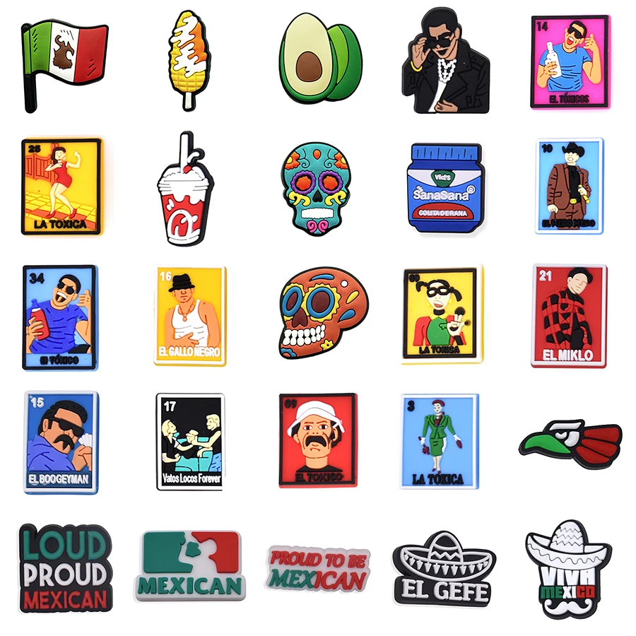 WholeSale 100 Pcs Mexican Inspired  Croc Shoe Charms Latino Hispanic Decoration Charms for Girls Boys Men Women Clog Accessories