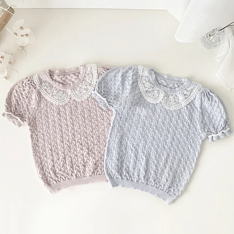 

Тонкие вязаные свитера для маленьких девочек, кружевные летние розовые, синие детские пуловеры с коротким рукавом для малышей, топы, свитер с вырезами в Корейском стиле