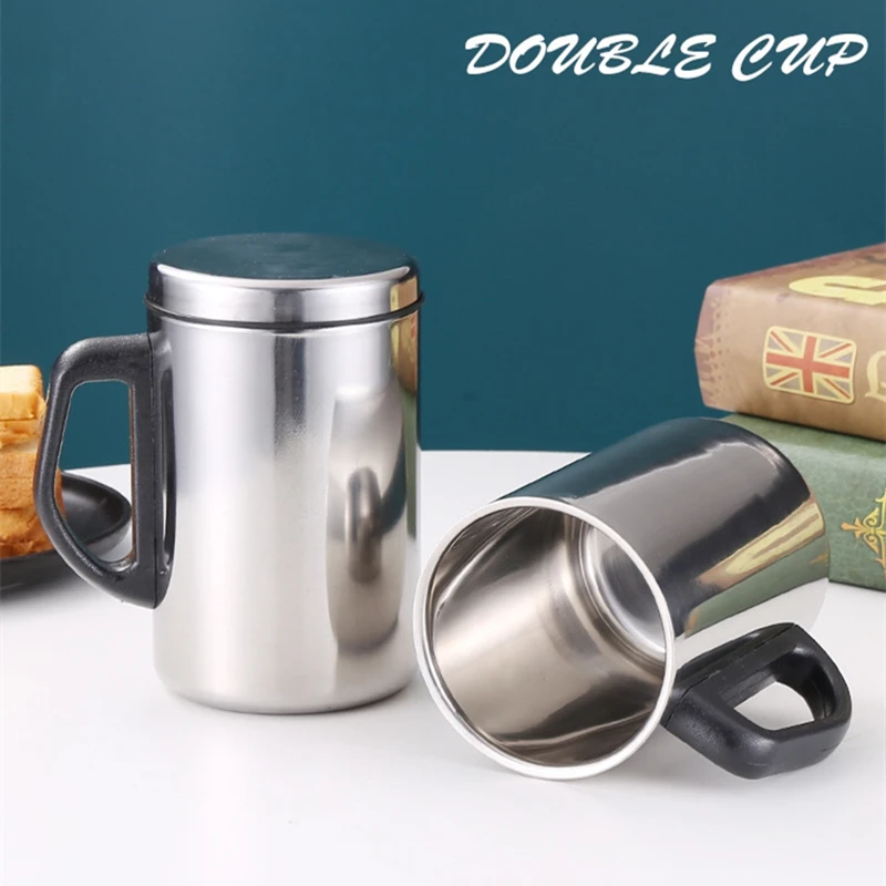 

Кофейная чашка из нержавеющей стали с двойными стенками и ручкой с крышкой, пивная кружка для чая, портативные дорожные офисные чашки для мо...