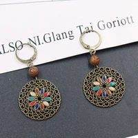 2022 fashion ethnic flower oil drop dangle hanging earrings women wooden bead hollow round earrings vintage jewelry accessories