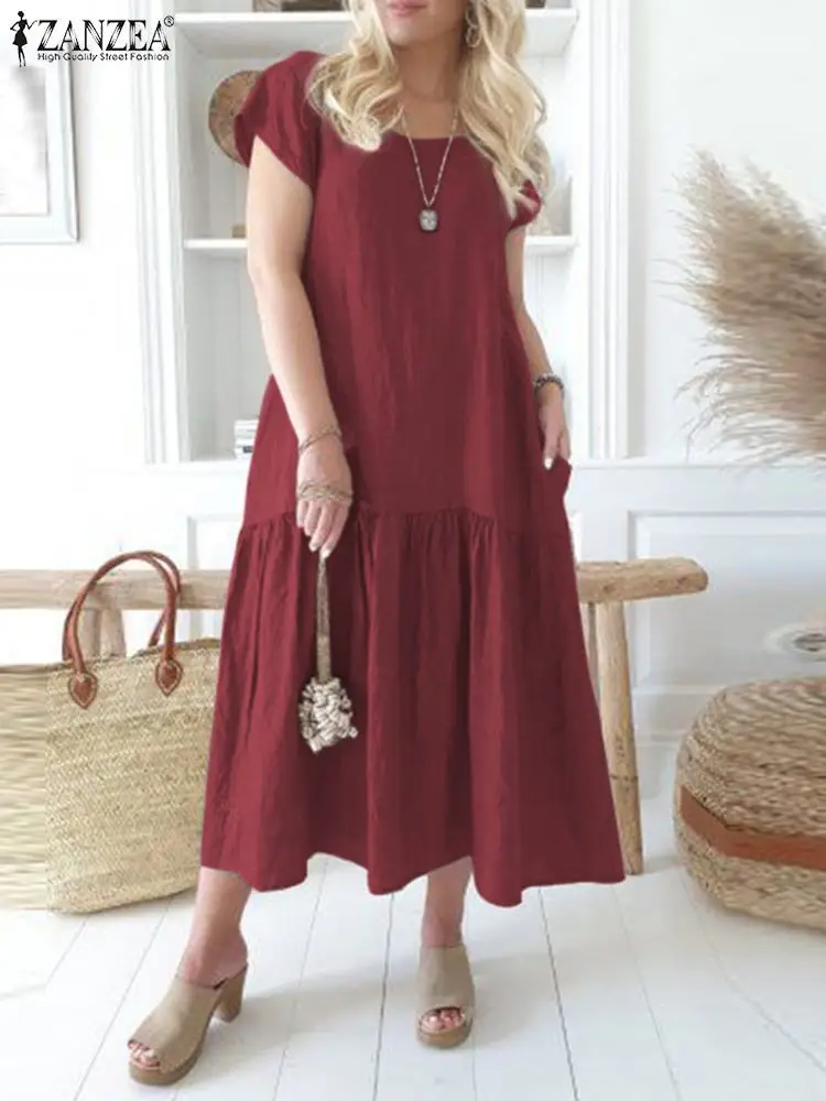 

Платье ZANZEA женское хлопковое средней длины, Однотонный сарафан с оборками, с коротким рукавом и круглым вырезом, летнее праздничное