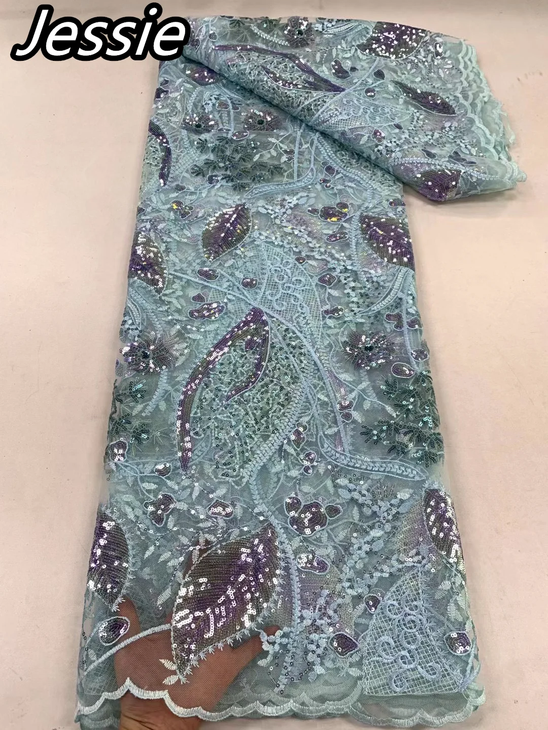 

African Summer 2023 New Heavy Industry Embroidery Sequin Leaf Fabric Green Fresh Elegant Lace Mesh Dress Dinner Dress