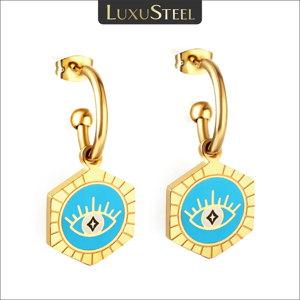 

LUXUSTEEL Vintage Hexagon Blue Evil Eye Dangle Hoop Earrings Women Gold Color Stainless Steel Minimalist Turkey Cute Lady Huggie