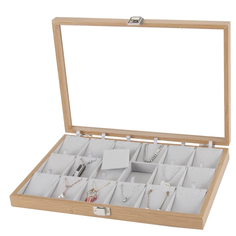 18 Grids Wooden Pendant Case Necklace Storage Jewelry Organizer Tray Holder Box Showcase with Windowed Glass Cover For Drawer