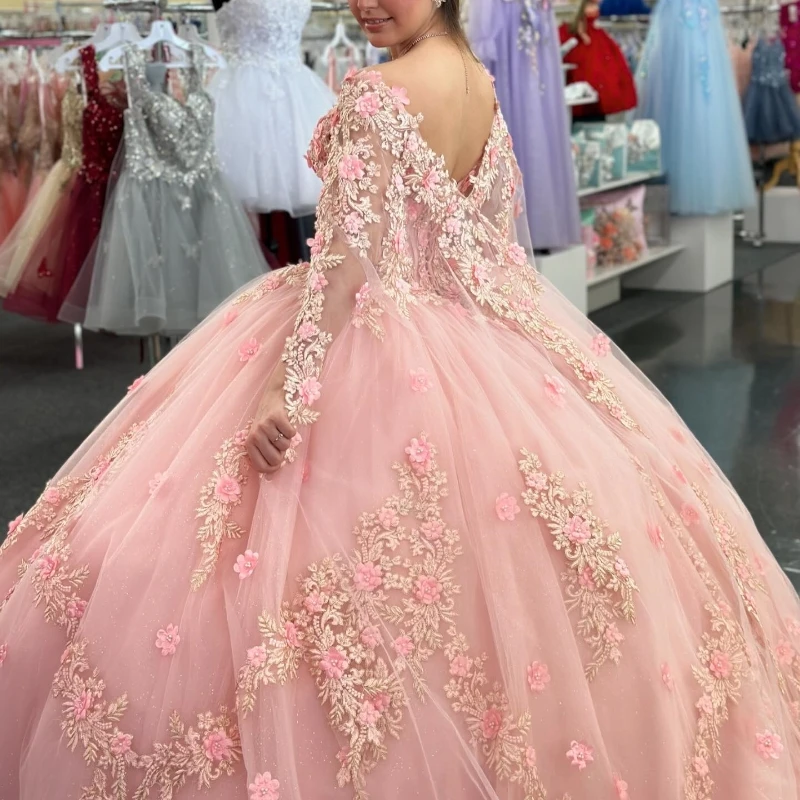 Розовое блестящее платье для Quinceanera милое 15 16 бальное с цветочным орнаментом