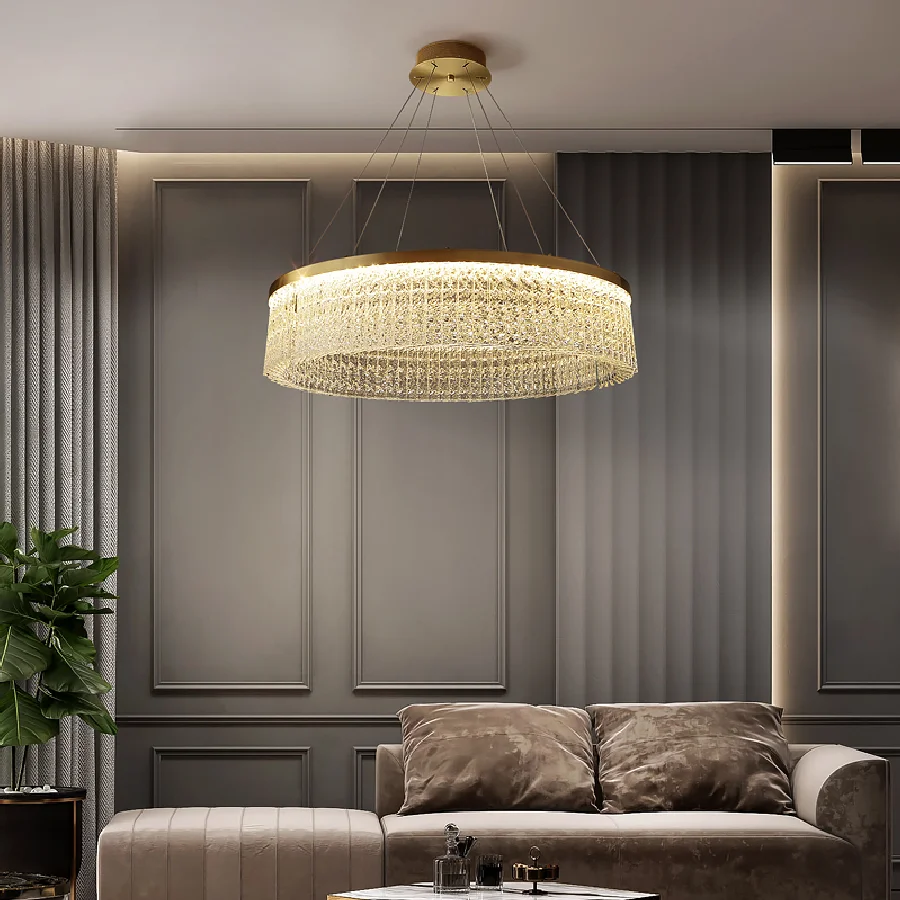 

Modern Copper Gold Pendant Lamp Interior Decor Round Crystal Chandelier Luxury Hanging Light For Living Hall Dining Room Bedroom