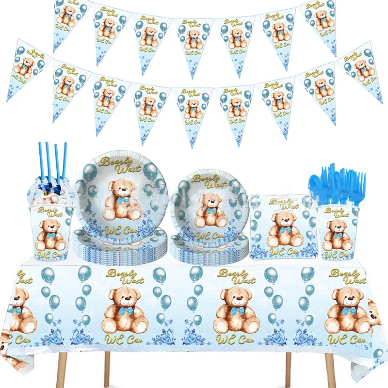 

Blue Cute Teddy Bear Disposable Tableware Happy One 1st Birthday Party Baby Shower Kids We Can Bearly Wait Babyshower Decor