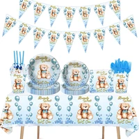 blue cute teddy bear disposable tableware happy one 1st birthday party baby shower kids we can bearly wait babyshower decor