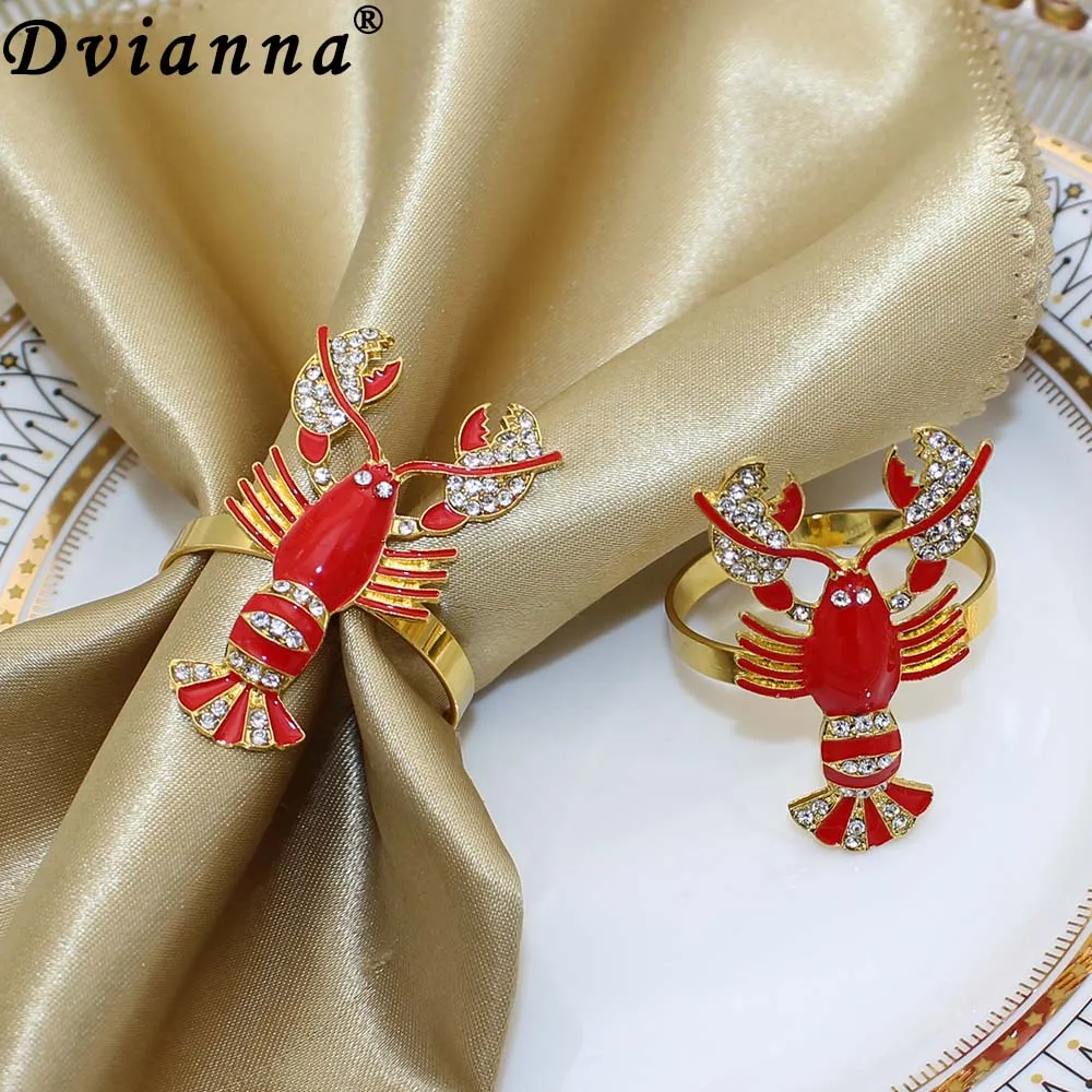 

24Pcs Red Lobster Napkin Rings Metal Diamond Napkin Holders for Wedding Coastal Theme Holiday Home Dining Table Decor HWD33