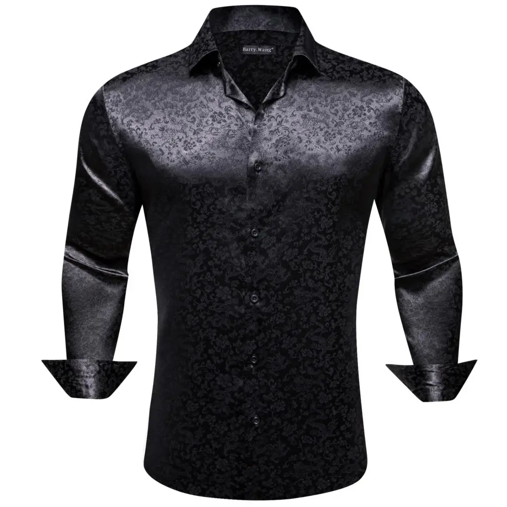 

Luxury Shirts for Men Silk Satin Black Flower Long Sleeve Male Blouses Casual Lapel Tops Breathable Streetwear Barry Wang