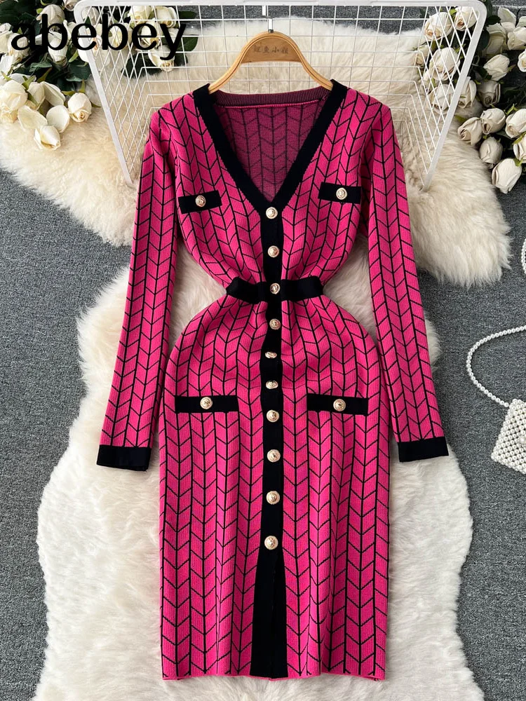 

Autumn French Plaid Knitted Dress Women V Neck Sweater Sheath Hight Quality Dress Elastic Waist OL Warm Midi Long Dress