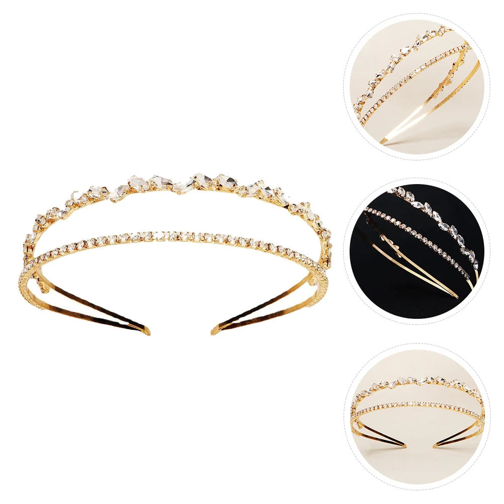 

Photo Glitter Head Crown Double Layer Hairband Gold Tiara Rhinestone Headband Scrunchies Girls Beaded Accessory