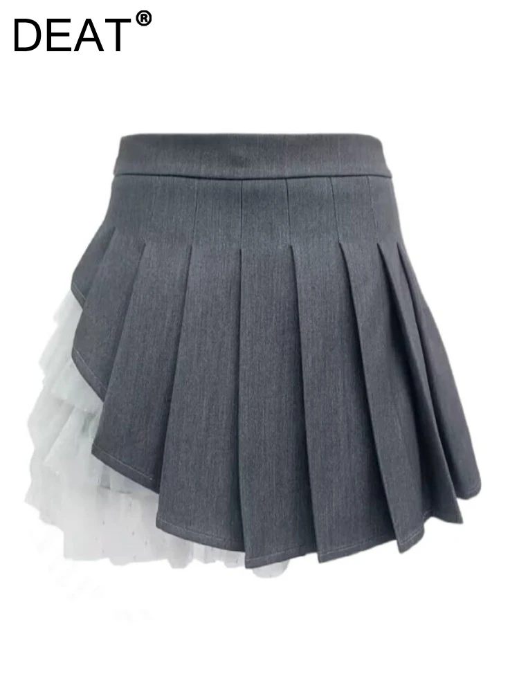

DEAT Fashion Women's Skirt Slim High Waist Irregular Gauze Spliced Pleats A-line Gray Mini Skirts Summer 2023 New Tide 17A9283