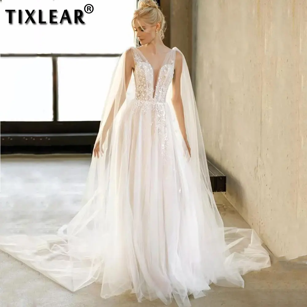 

TIXLEAR Women Boho Deep V-Neck Wedding Dress 2022 Backless Lace Appliques Bridal Gown Illusion Watteau Train Vestido De Novia