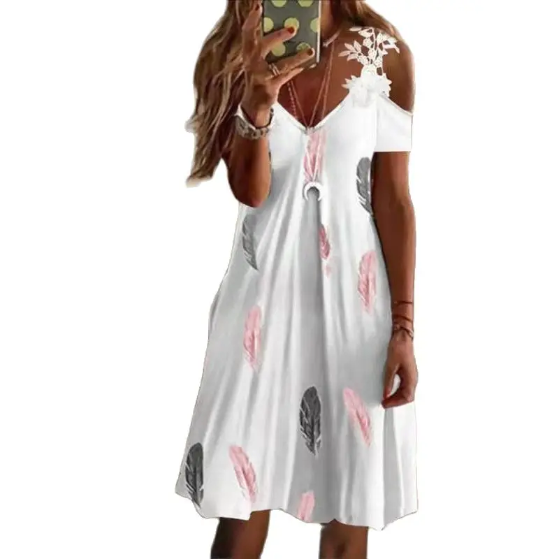 

Женское платье средней длины с открытыми плечами, кружевное повседневное свободное платье с принтом, коротким рукавом и V-образным вырезом, ...