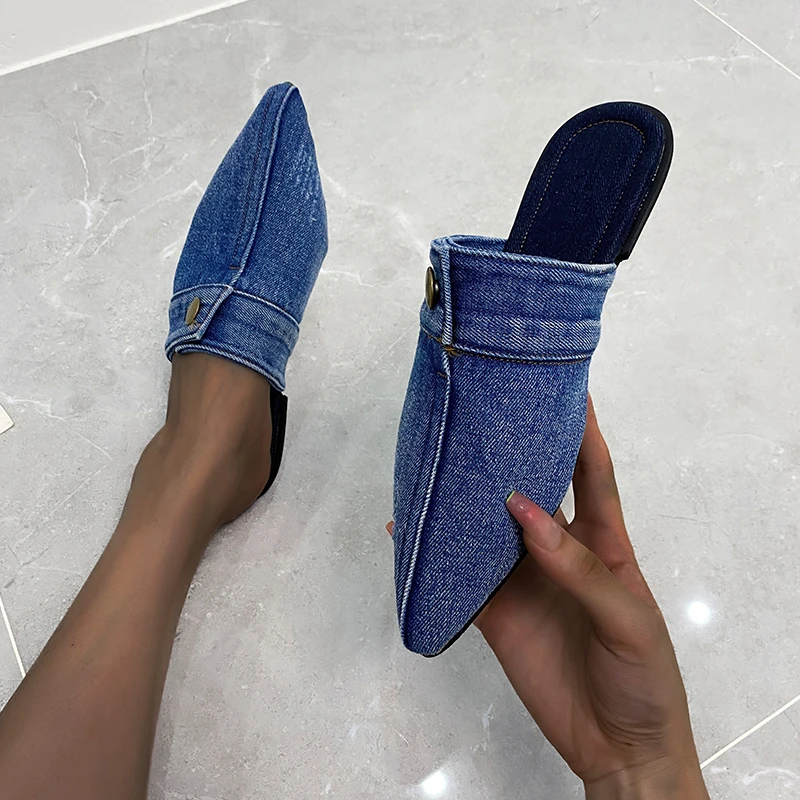 

New Blue Denim Cloth Flats Slippers Pointed Toe Outdoor Slides Slingback Mules Slip on Flats Simple Women Shoes Zapatillas Mujer