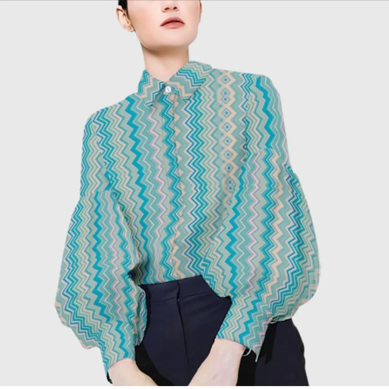 

Женская однобортная блузка на пуговицах, Повседневная Блузка с отложным воротником и рукавами-фонариками, рубашка с принтом, весна-лето 2023