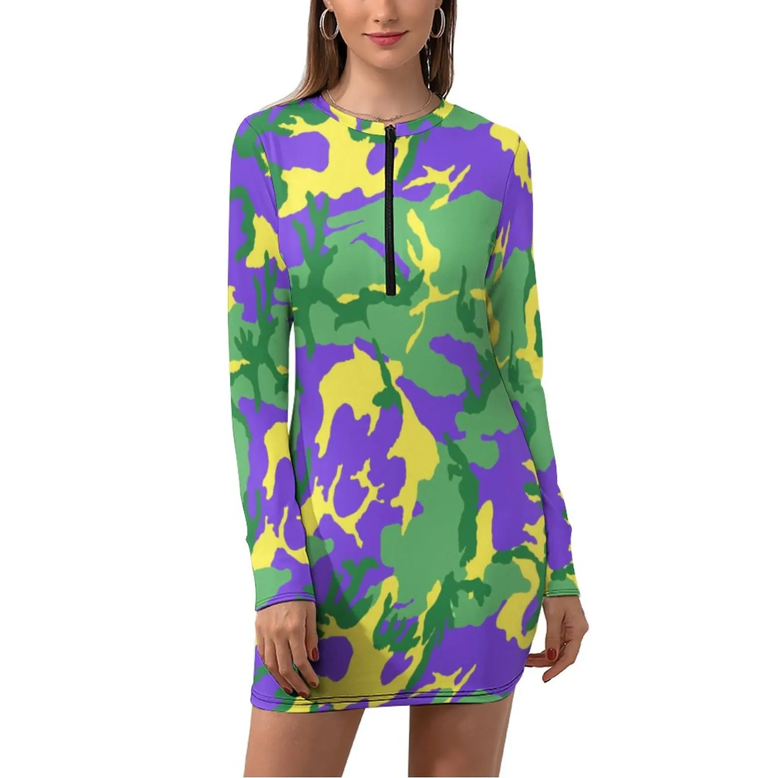 

Mardi Gras Camo Dress Long Sleeve Colorful Camouflage Retro Dresses Autumn Female Simple Pattern Bodycon Dress Big Size 2XL