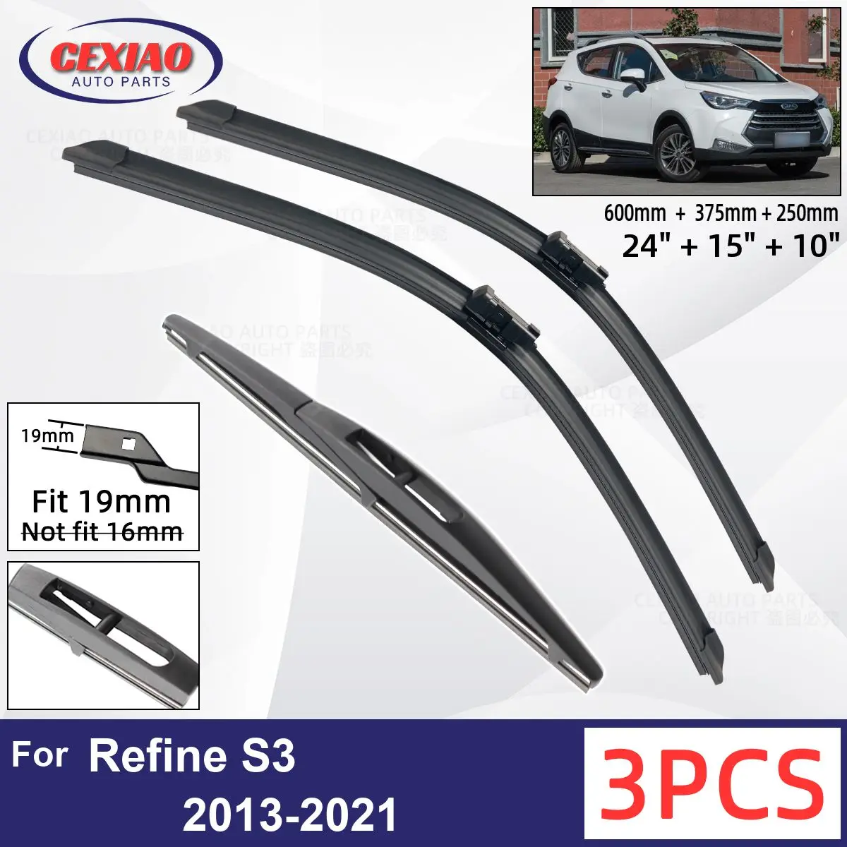 Щетки стеклоочистителя для JAC Refine S3 2013-2021, мягкие резиновые стеклоочистители для лобового стекла, 24 дюйма + 15 дюймов + 10 дюймов, 2018 2019 2020