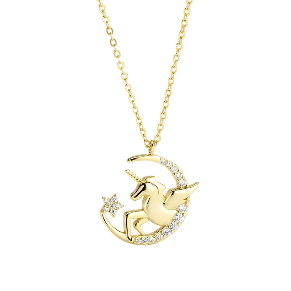

Sterling Silver Necklace Actress Moon Unicorn Set Diamond Pendant Collar Chain Bracelet Set Tanabata Gift