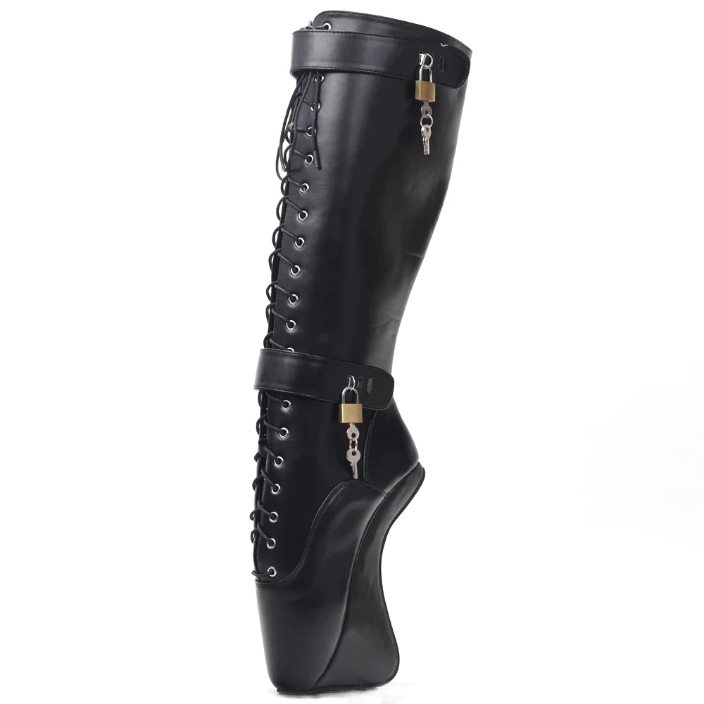 Sexy Hoof Heel Knee-high Boots Pointed Toe Lockable Ballet Boots With Lock Plus Size 36-46