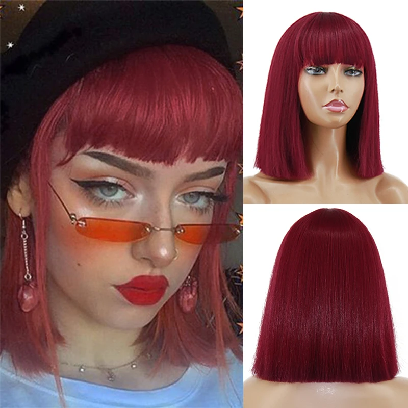 

Short Bob synthetic Wig Have Bangs Straight Brazilian Hair Wigs For Women Human Hair Wine Red Heat Resistant Wigs