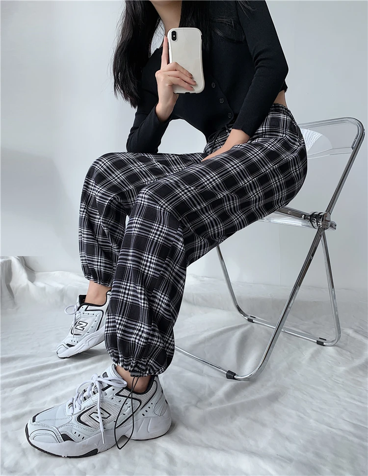 Streetwear New Plaid Pants Women High Waist Drawstring Loose Straight Baggy Pants Two Wear 2022 Spring and Summer